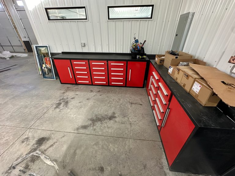 red and black cabinetry in shop world unit